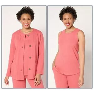 Denim & Co. Active Textured Cotton Cardigan & Tank Twin Set Clay Red M A687474